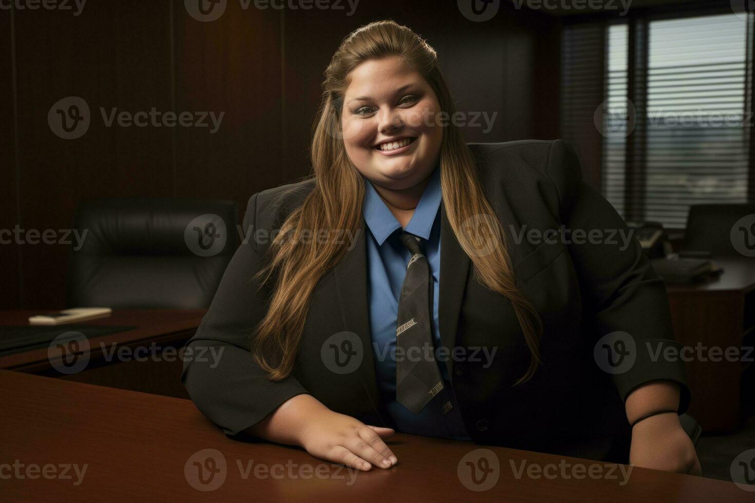 a woman in a business suit sitting at a desk generative ai photo