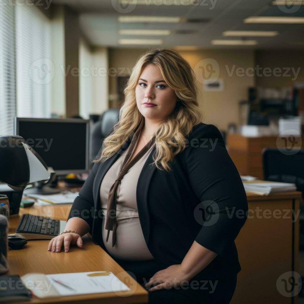 a woman in a business suit sitting at a desk generative ai photo