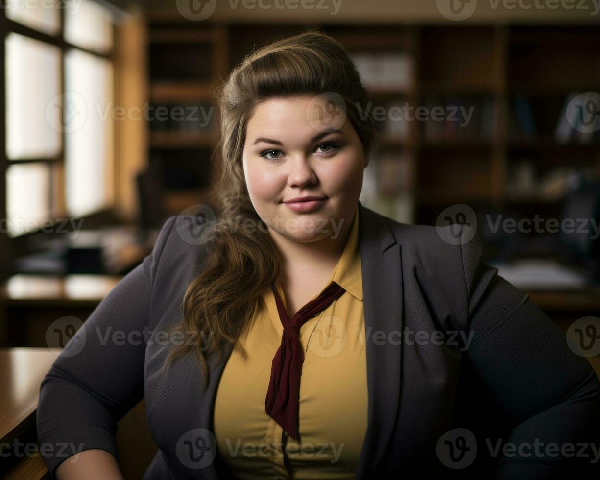 a woman in a business suit sitting at a desk generative ai photo
