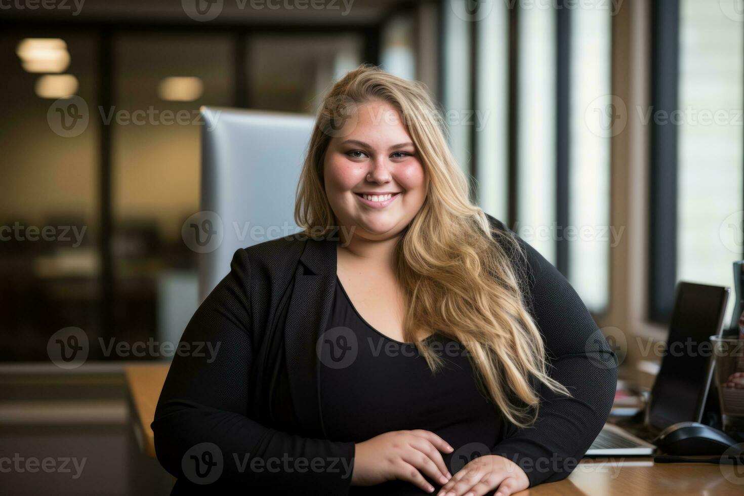 a woman in a business suit sitting at a desk generative ai photo