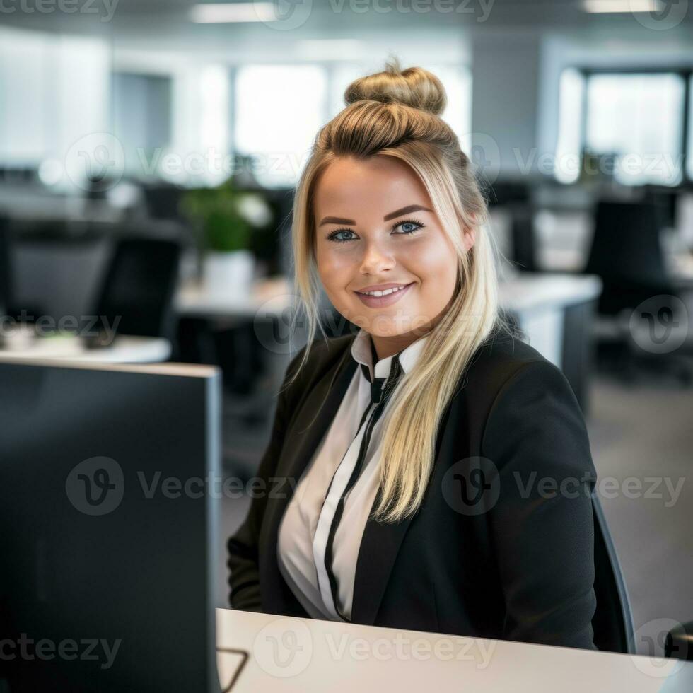 a woman in a business suit sitting in front of a computer generative ai photo