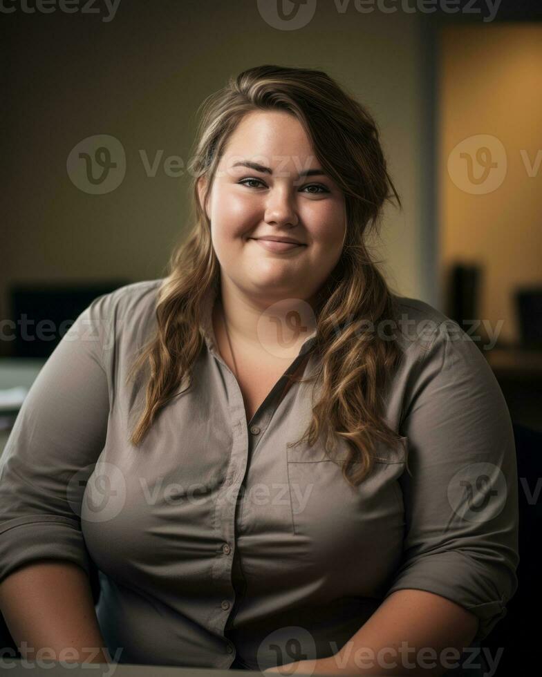 a woman in a gray shirt sitting at a table generative ai photo