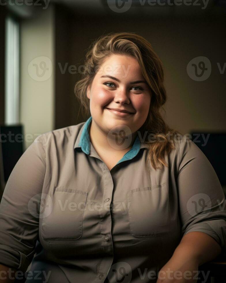 a woman in a gray shirt sitting at a desk generative ai photo