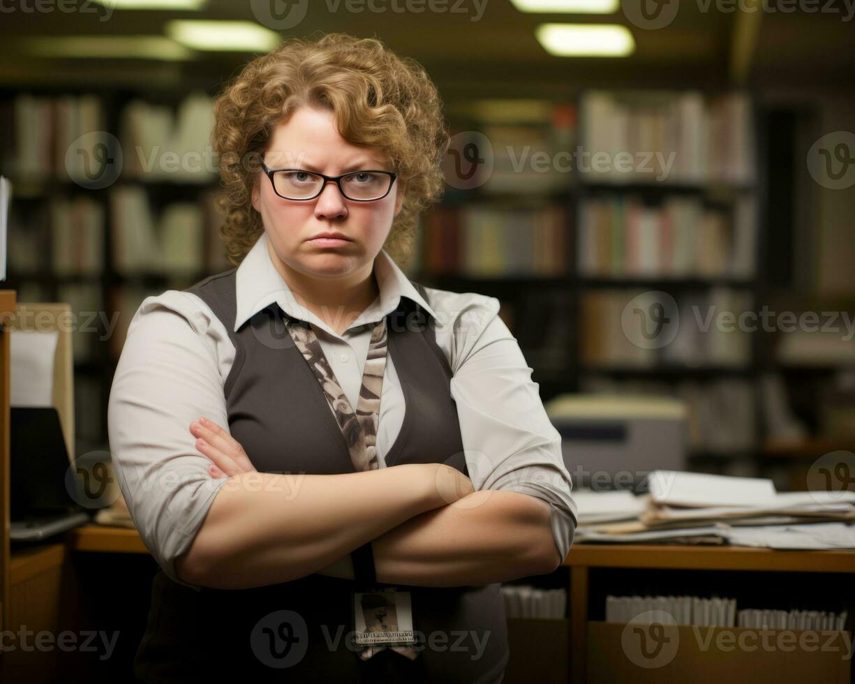 a woman in a library with her arms crossed generative ai photo