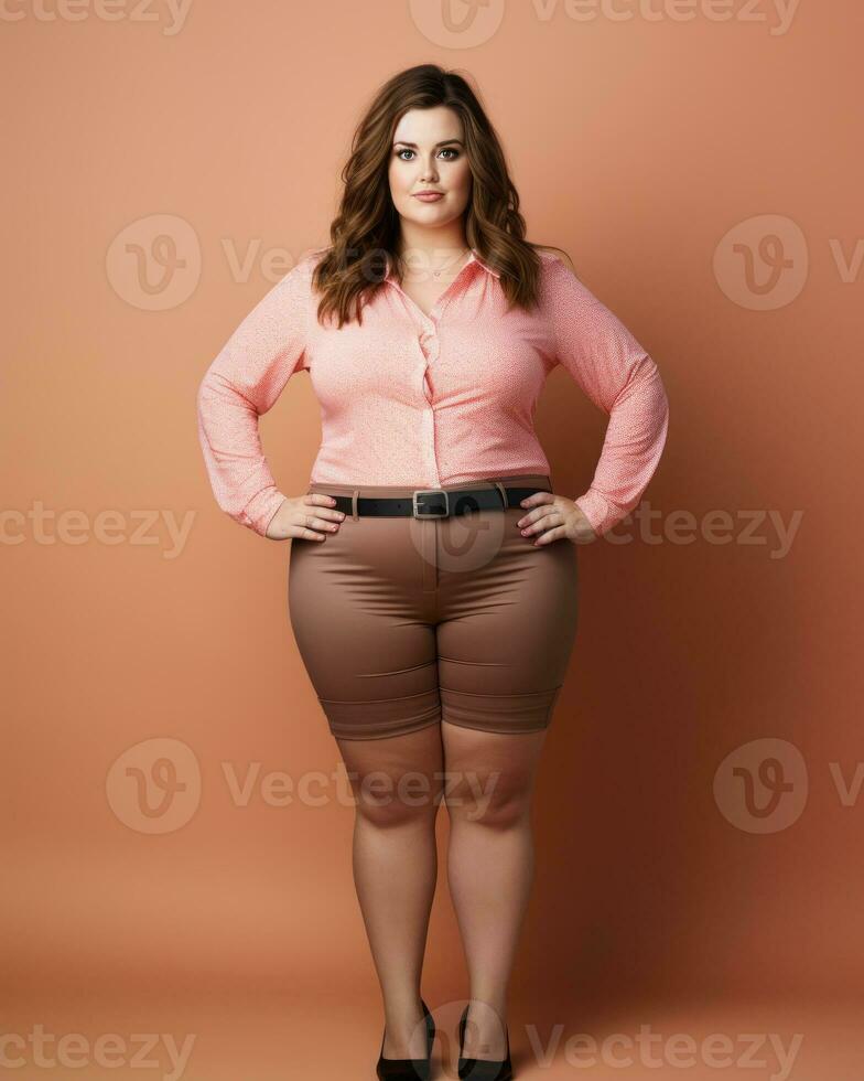 a woman in a pink shirt and brown shorts generative ai photo