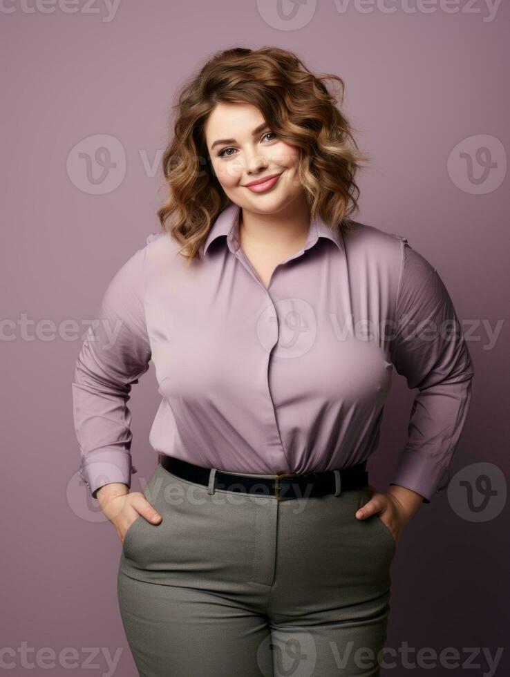 a woman in a purple shirt and gray pants standing in front of a purple background generative ai 32093784 Stock Photo at Vecteezy