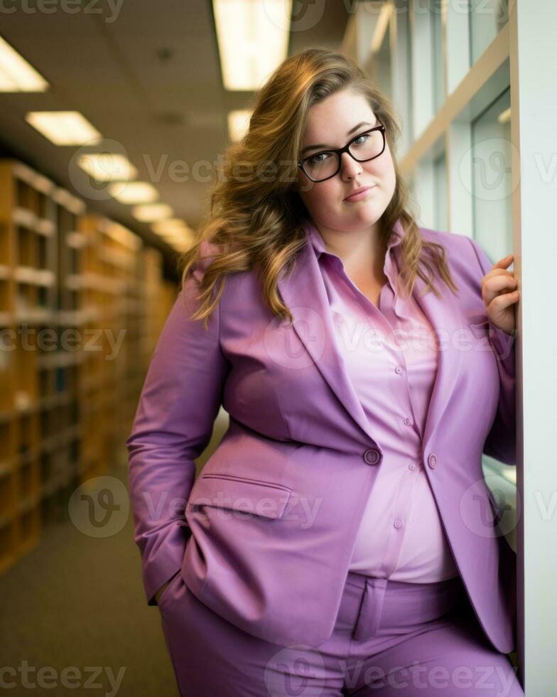 a woman in a purple suit and glasses leaning against a wall generative ai photo