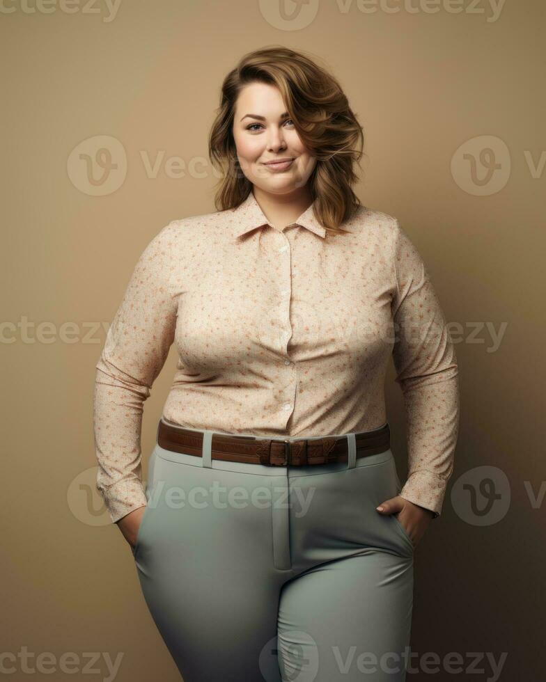 a woman in a shirt and pants posing for the camera generative ai photo