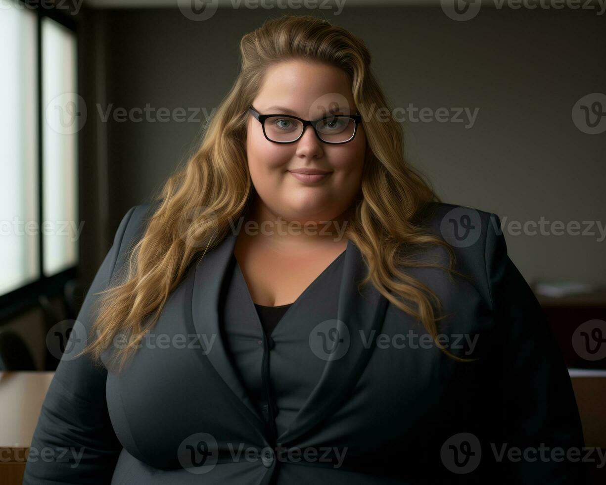 a woman in a suit and glasses standing in front of a window generative ai photo
