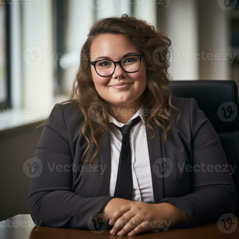 a woman in a suit and tie sitting at a desk generative ai photo