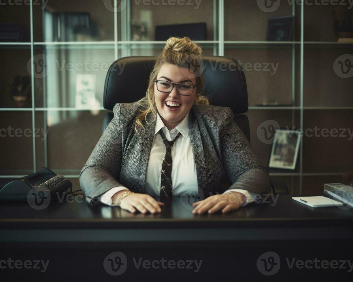 a woman in a suit and tie sitting at a desk generative ai photo