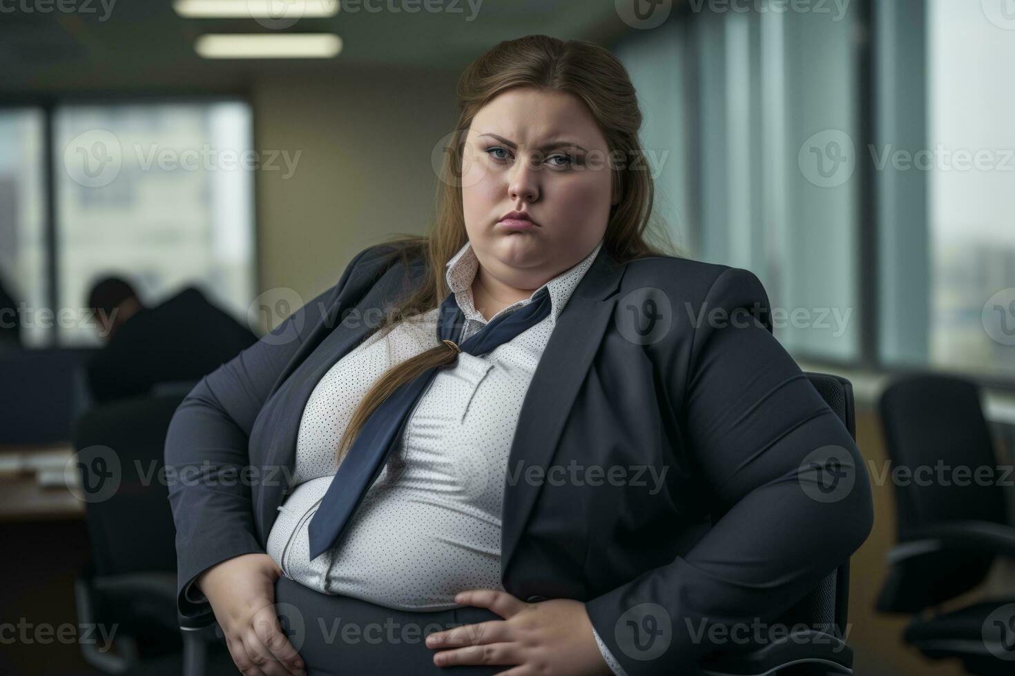 a woman in a suit and tie sitting in an office generative ai photo