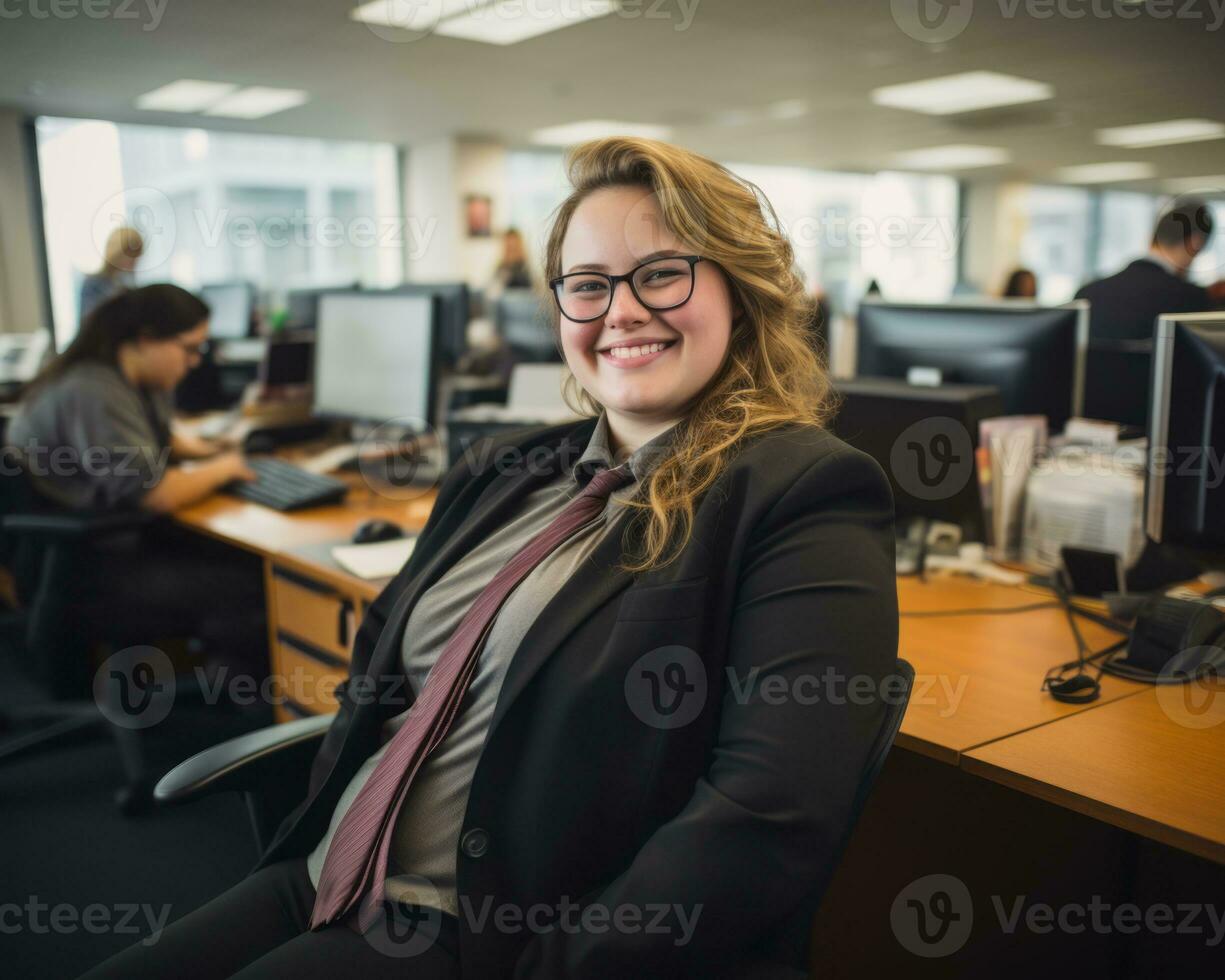 a woman in a suit and tie sitting in an office generative ai photo