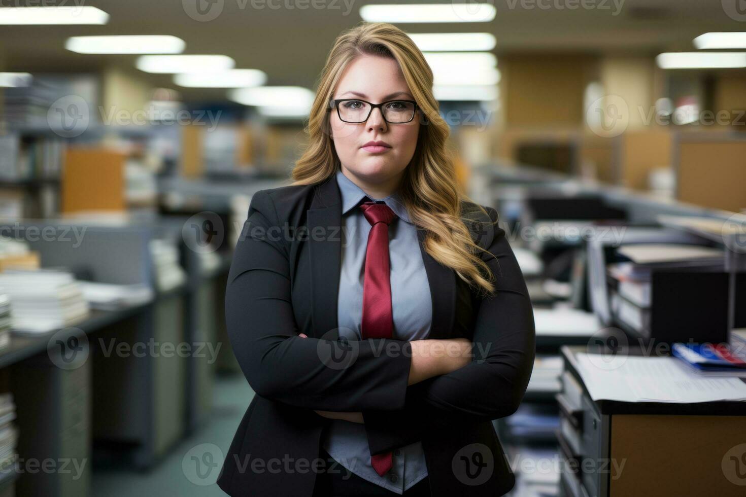 a woman in a suit and tie standing in an office generative ai photo