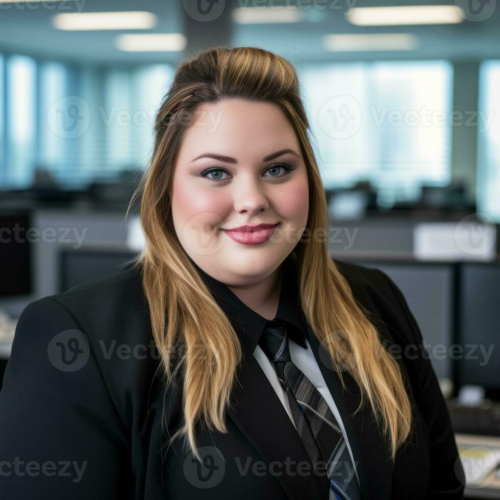 a woman in a suit and tie standing in front of a computer generative ai photo