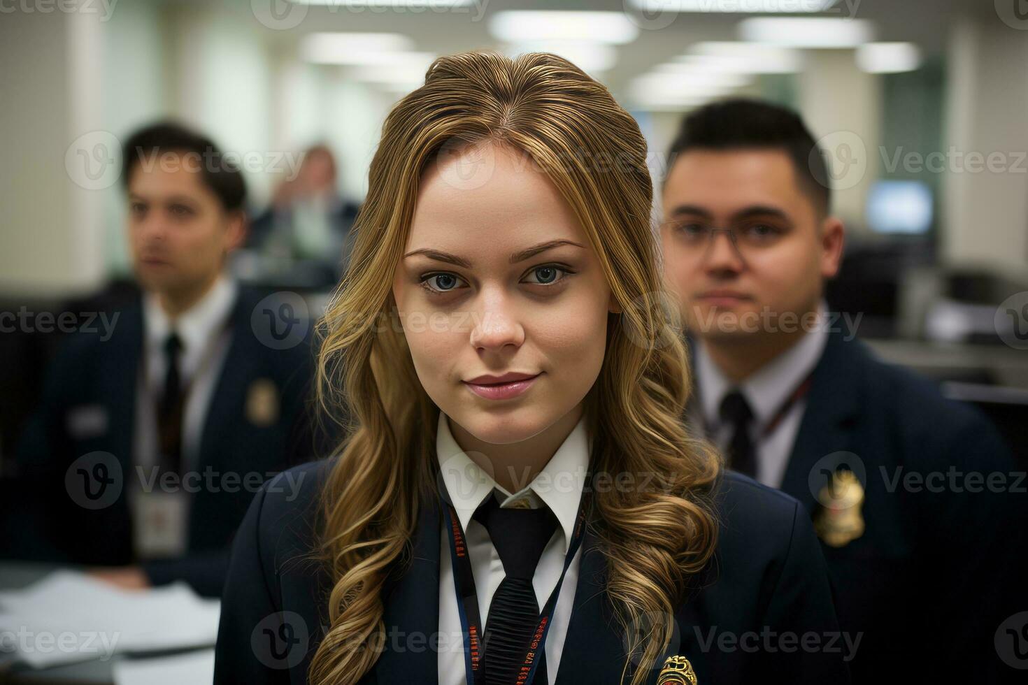 a woman in a suit and tie standing in front of a group of people generative ai photo