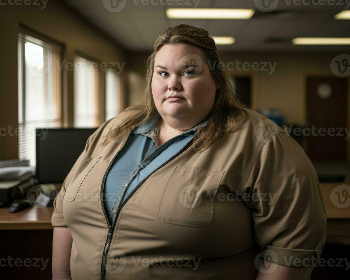 a woman in a tan jacket standing in an office generative ai photo