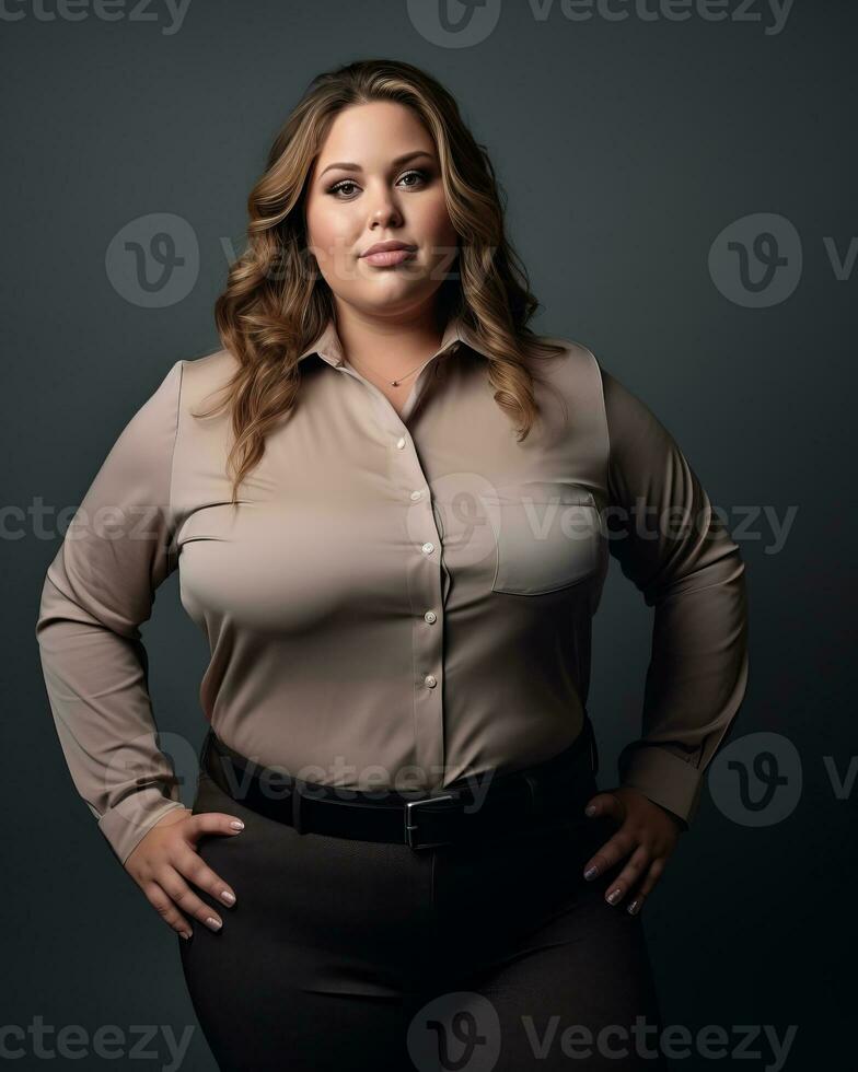 a woman in a tan shirt and black pants generative ai photo