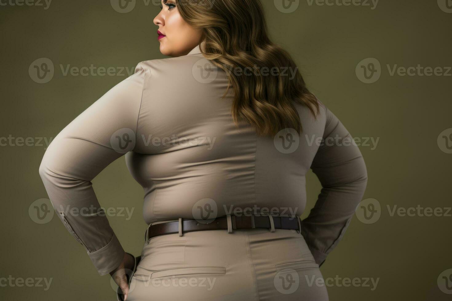 a woman in a tan suit with her hands on her hips generative ai photo