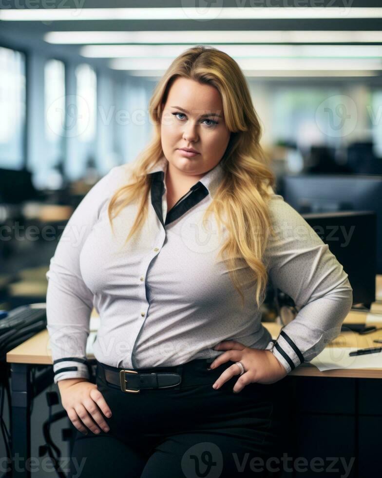 a woman in a white shirt and black pants standing in an office