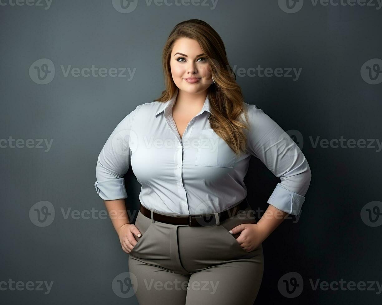 a woman in a white shirt and gray pants posing for the camera generative ai photo