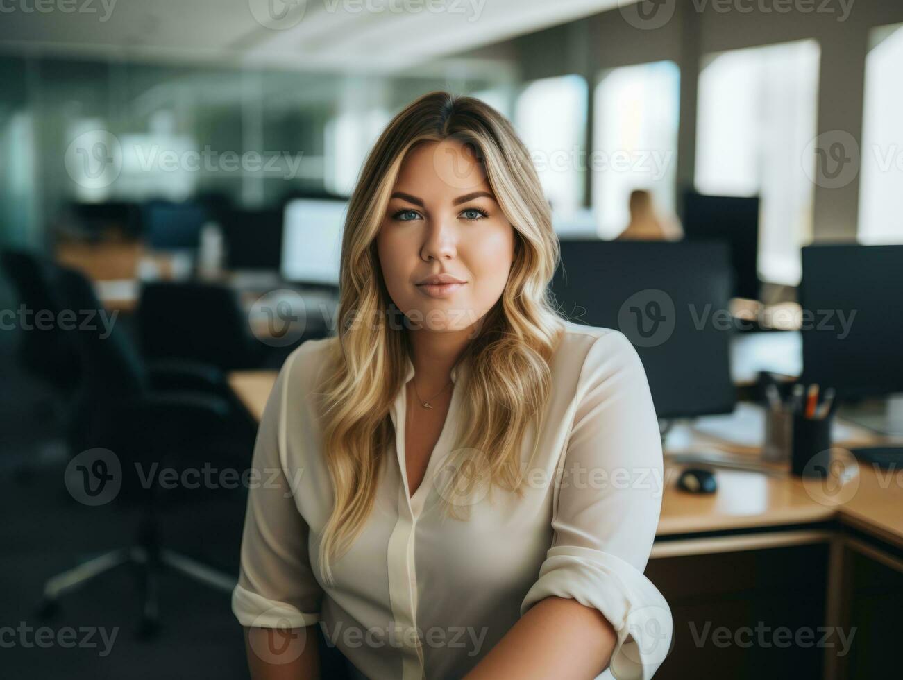 a woman in a white shirt sitting at a desk in an office generative ai