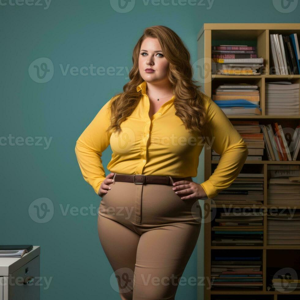 a woman in a yellow shirt and brown pants standing in front of a bookshelf generative ai photo