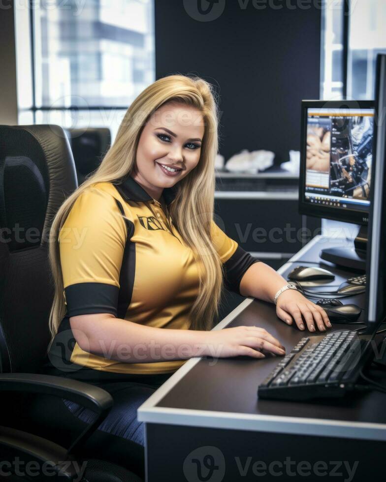 a woman in a yellow shirt sitting at a computer generative ai photo