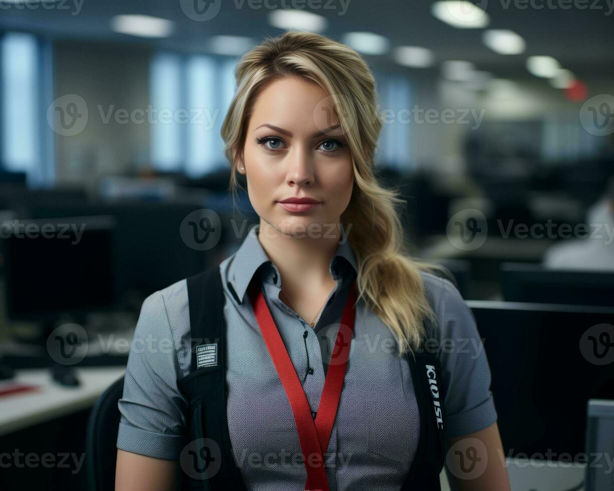 a woman in an office setting with a red lanyard around her neck generative ai photo