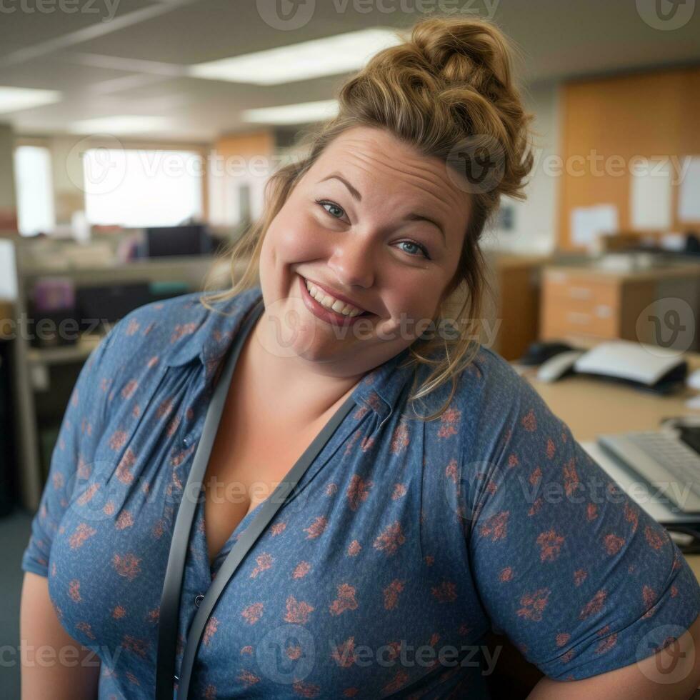 a woman in an office smiling at the camera generative ai photo