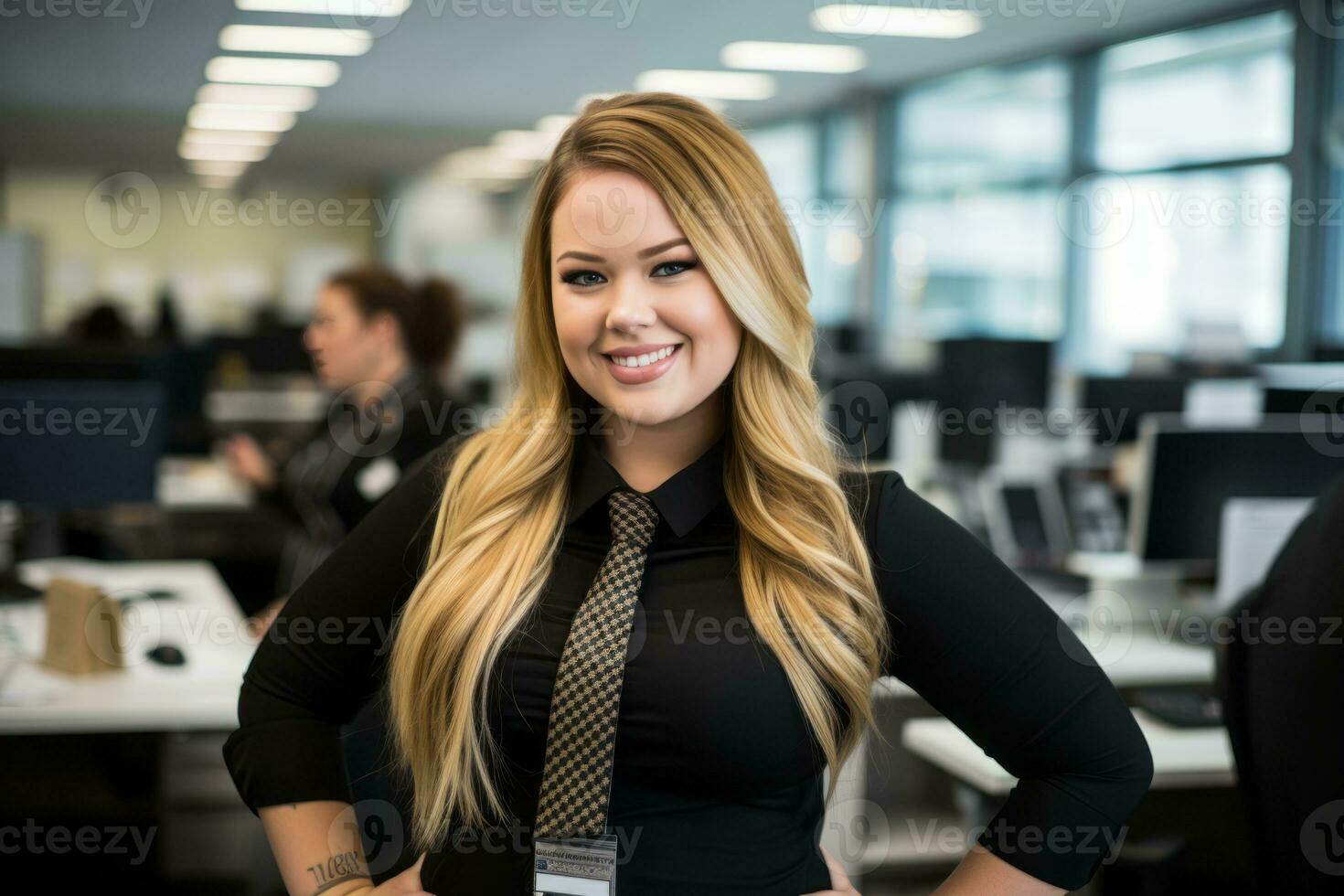 a woman in an office with her hands on her hips generative ai photo