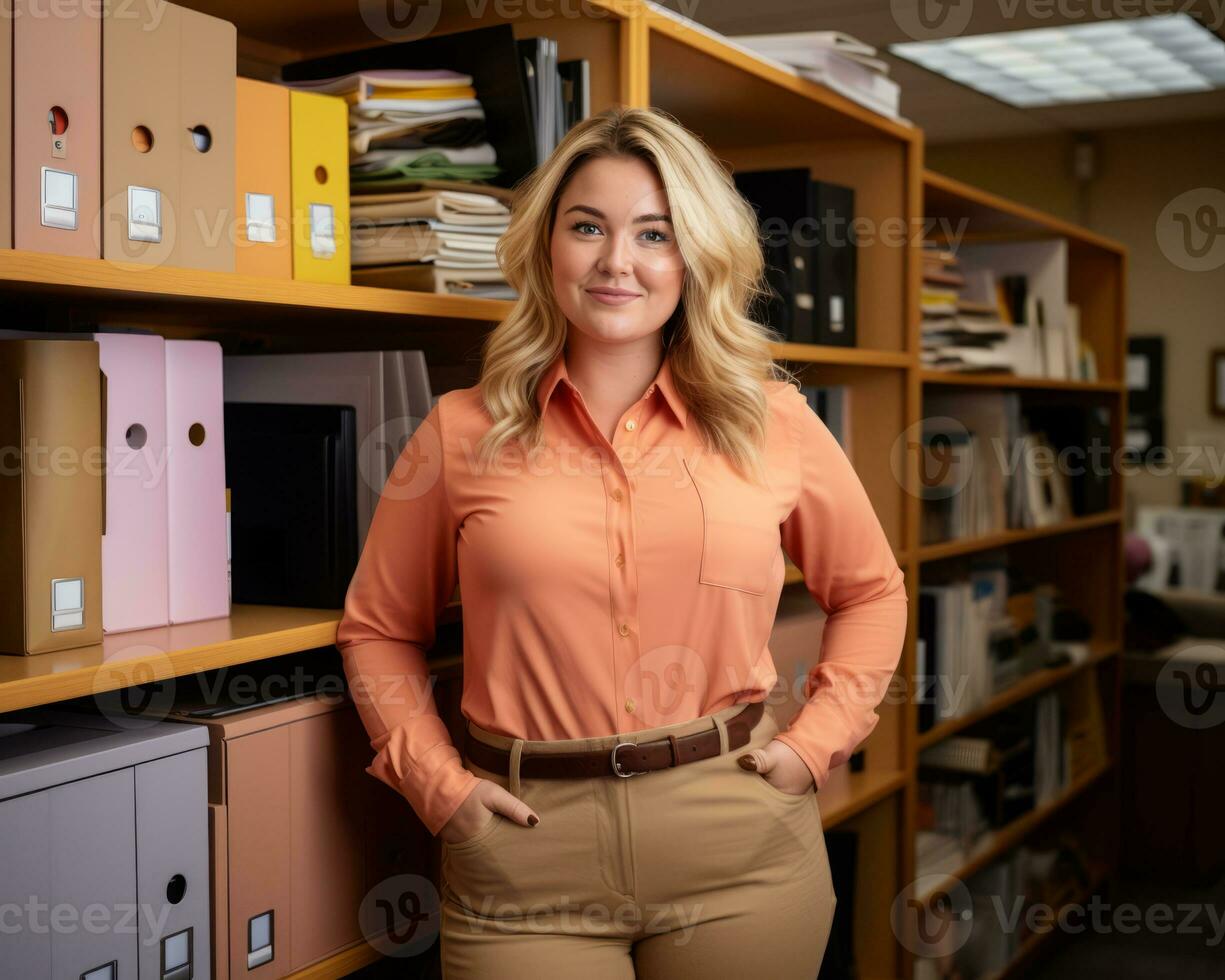 a woman in an orange shirt and khaki pants standing in front of a bookshelf generative ai photo
