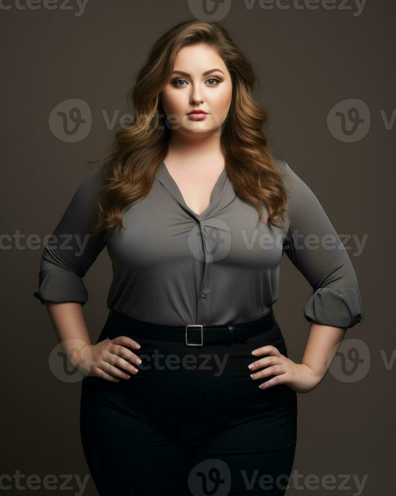 a woman in black pants and a gray blouse generative ai photo