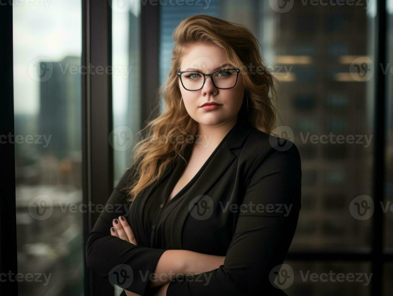 a woman in glasses and a black suit standing in front of a window generative ai photo