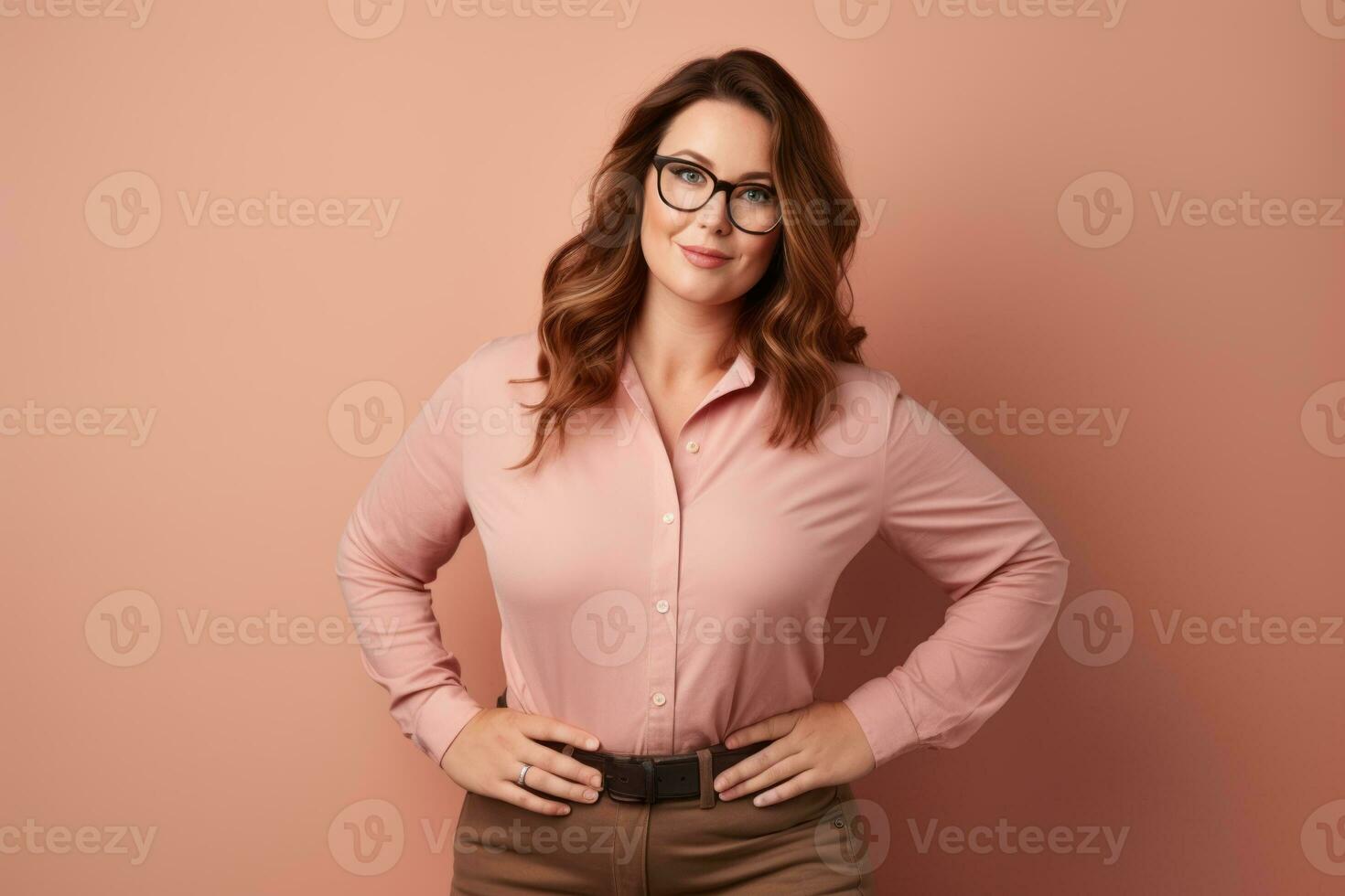 a woman in glasses and a pink shirt posing for the camera generative ai photo