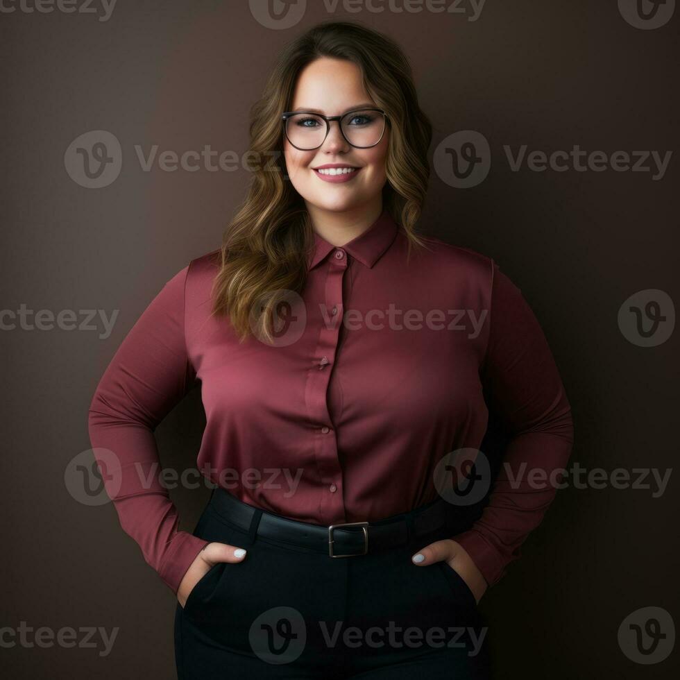 a woman in glasses and a red shirt standing in front of a brown background generative ai photo
