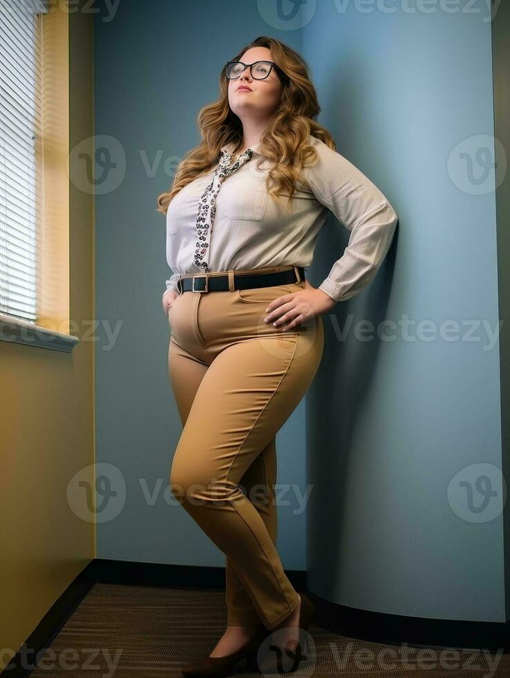 a woman in glasses and a white shirt is leaning against a wall generative ai photo