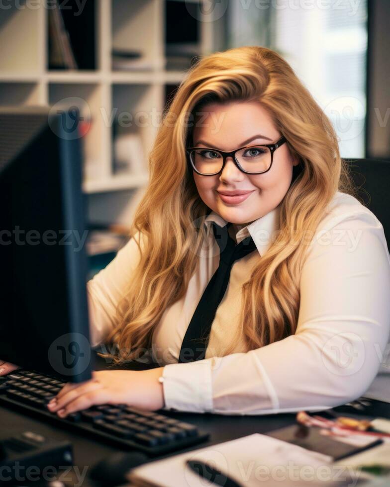 a woman in glasses is sitting at a desk in front of a computer generative ai photo