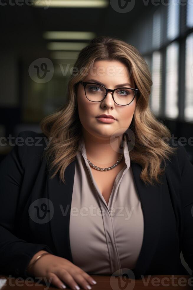a woman in glasses sitting at a desk in an office generative ai