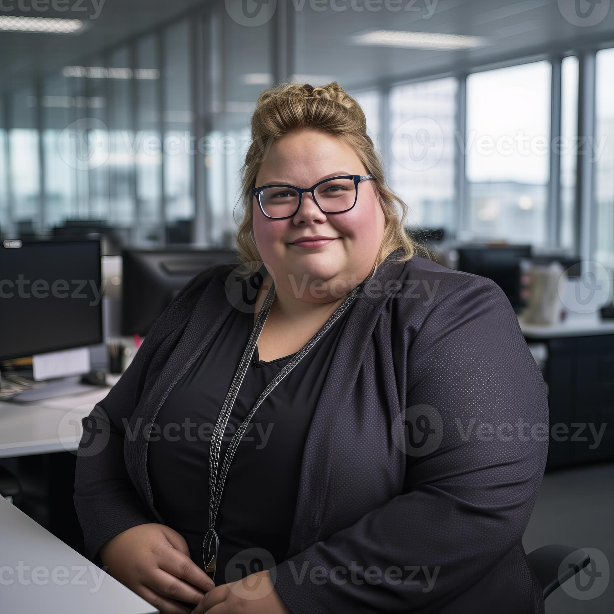a woman in glasses sitting at a desk in an office generative ai