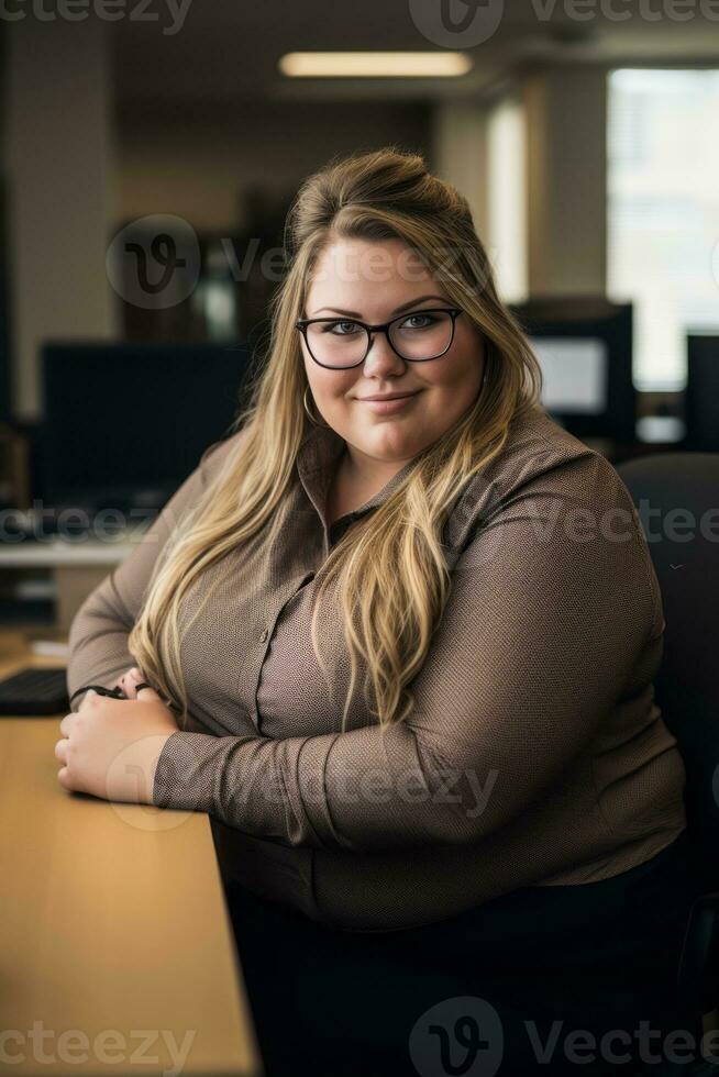 a woman in glasses sitting at a desk in an office generative ai photo