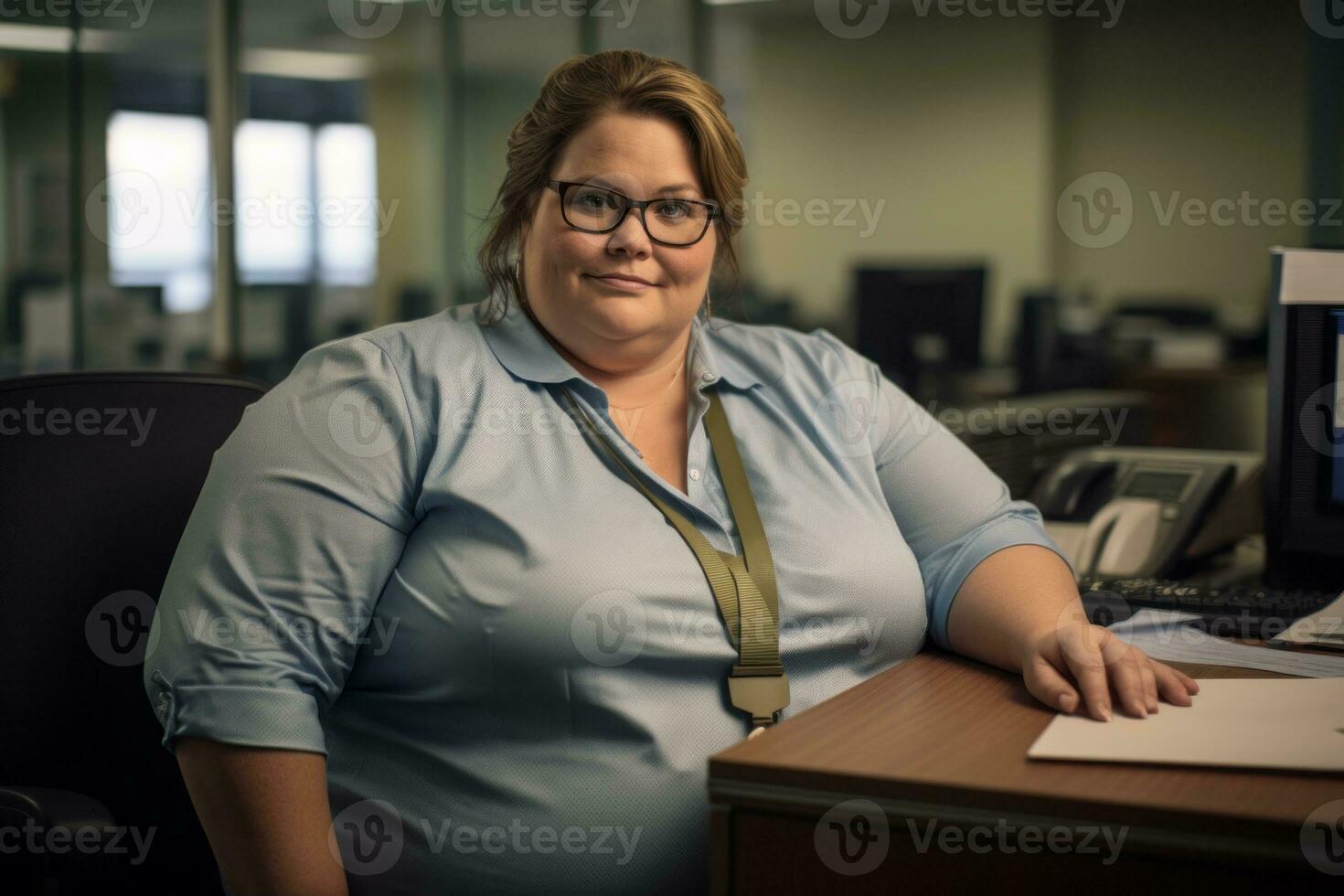 a woman in glasses sitting at a desk in an office generative ai photo