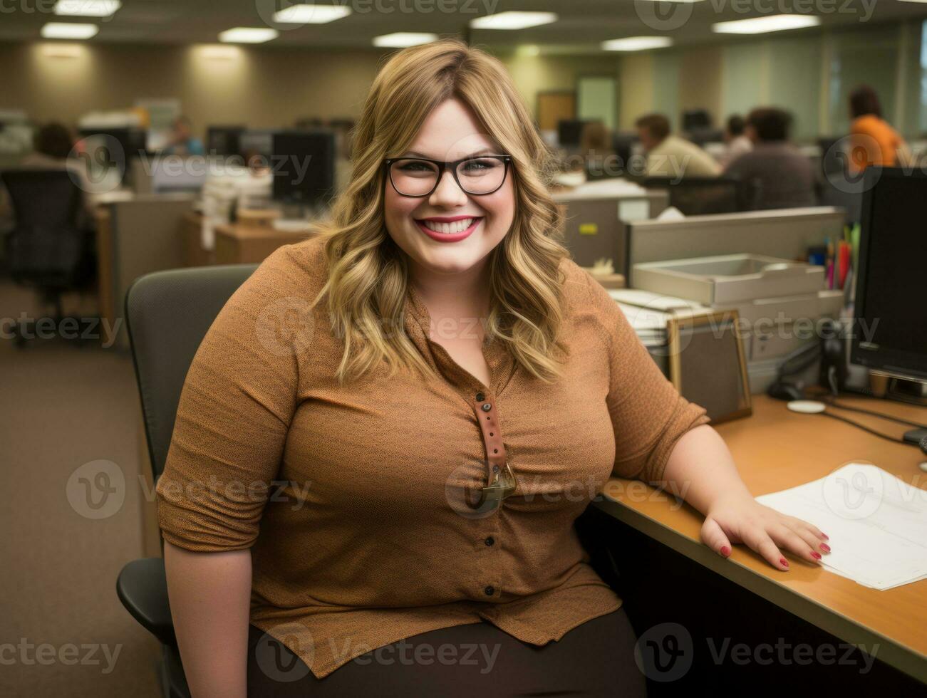 a woman in glasses sitting at a desk in an office generative ai photo