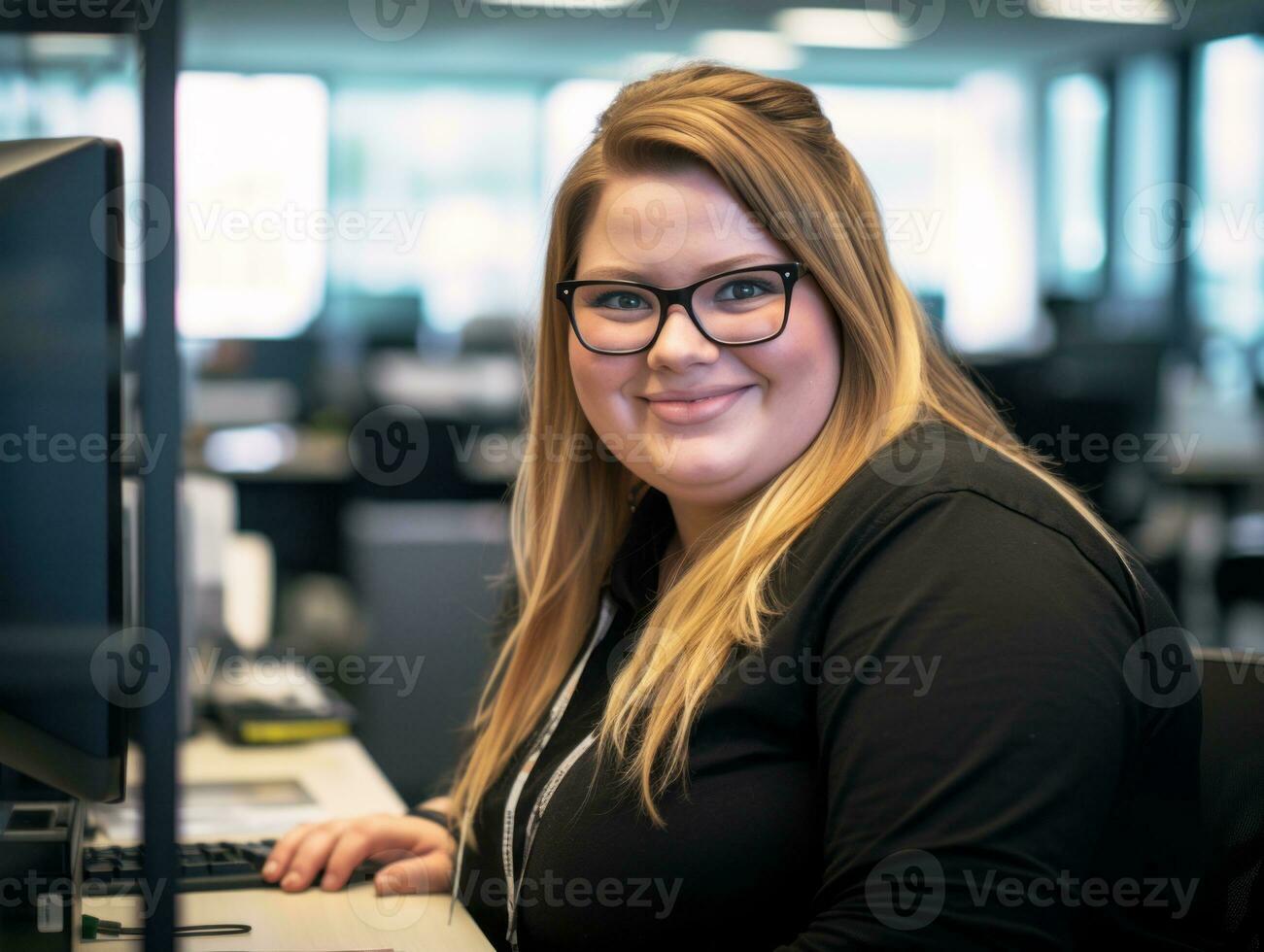 a woman in glasses sitting at a desk in front of a computer generative ai photo