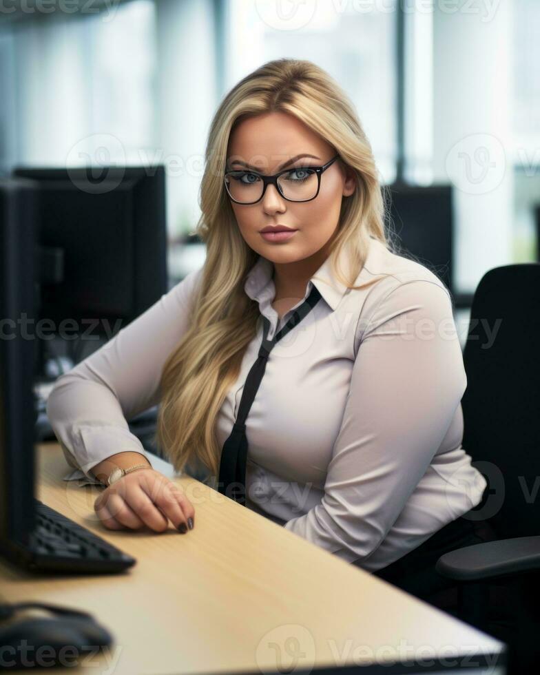 un mujer en lentes sentado a un escritorio en frente de un computadora generativo ai foto