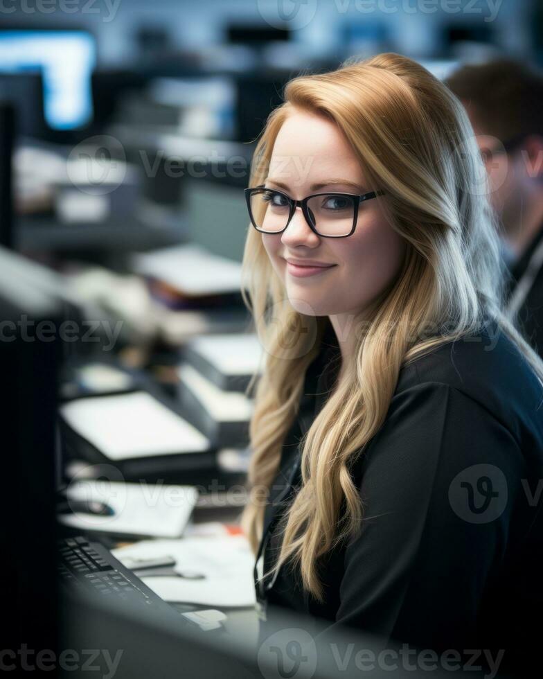 a woman in glasses sitting at a desk in front of a computer generative ai photo