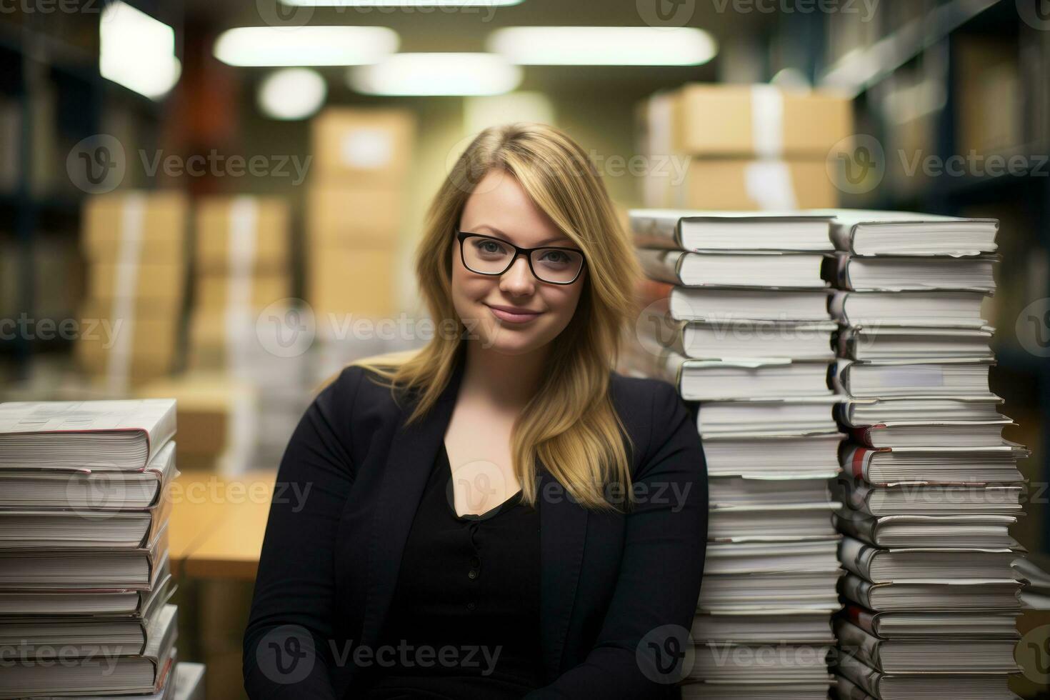 a woman in glasses sitting in front of stacks of books generative ai photo
