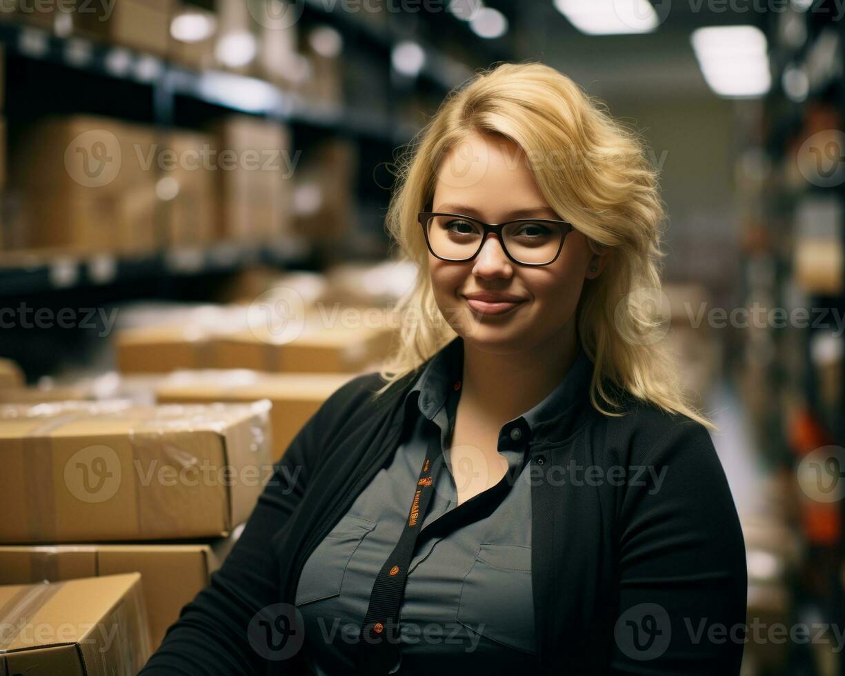 a woman in glasses standing in a warehouse with boxes generative ai photo