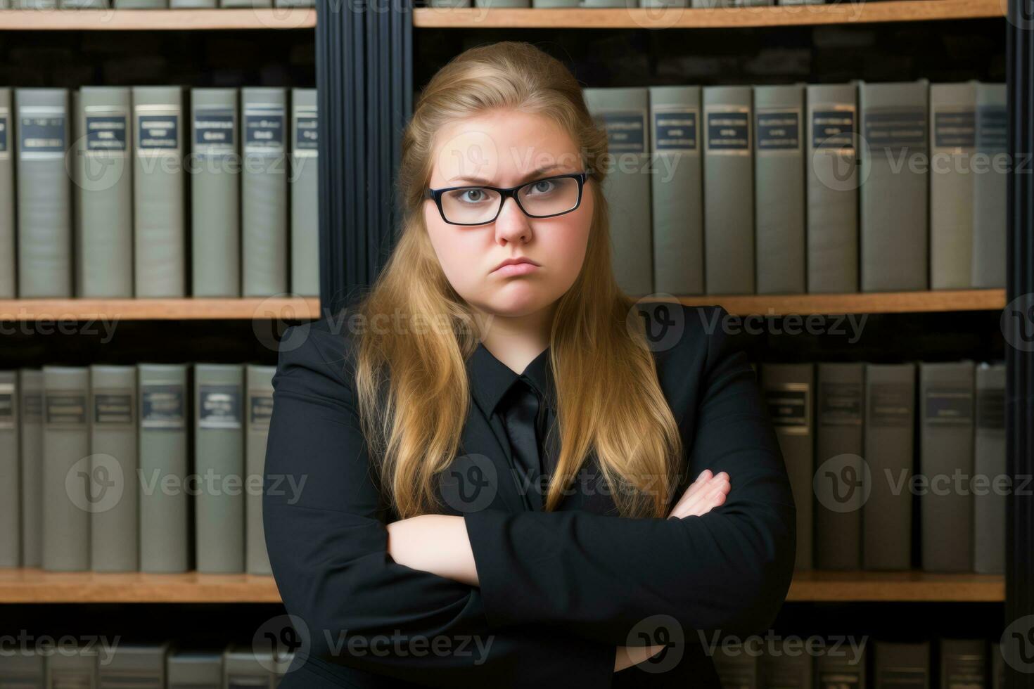 a woman in glasses standing in front of bookshelves generative ai photo