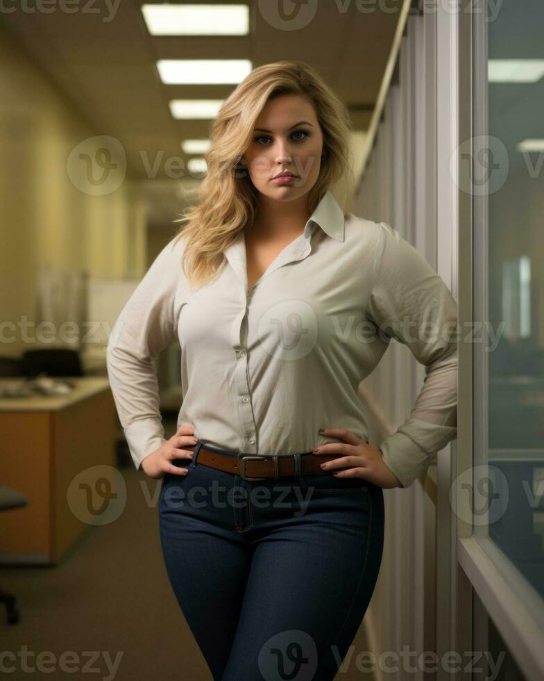 a woman in jeans standing in an office with her hands on her hips generative ai photo